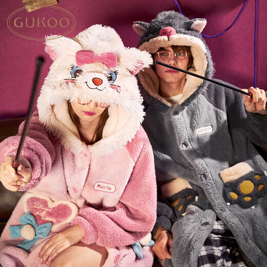 Gukoo Pajamas Couple Pajamas Women's Autumn and Winter Mary Cat Coral Velvet Bathrobe Men's Home Clothing Rusif Men's XL