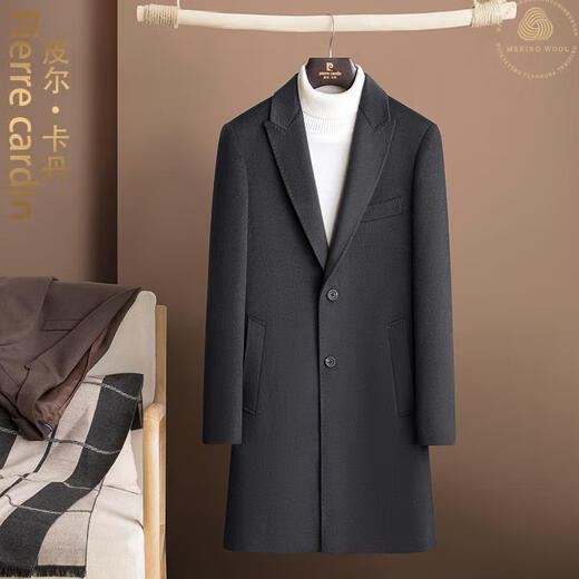 皮尔卡丹（pierre cardin）戗驳领羊毛大衣男中长款冬季新款商务西装领羊毛绒呢子风衣外套男 雅黑色[桑蚕丝羊毛] 190/104A