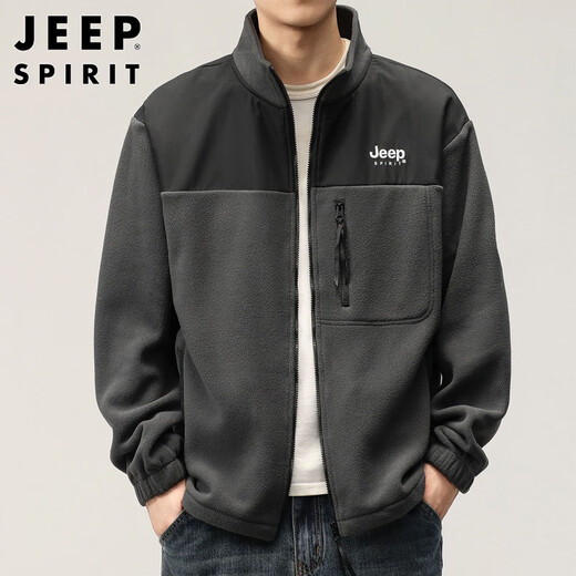 JEEP SPIRIT Jeep Jacket Men's Autumn and Winter Sweater Men's Men's Polar Fleece Casual Cardigan Fleece Clothes Dark Gray XL