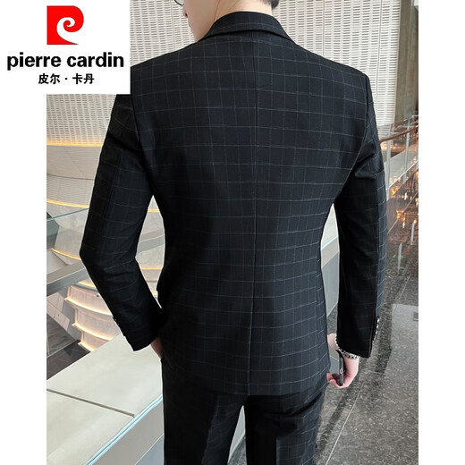 Pier Cardin Plaid Traje Juego de bodas Masculino Masino Vestido del novio del novio Slim Style Corean Casual Chaqueta Oficial Gris [traje + chaleco + pantalones + camisa] Regalo XL