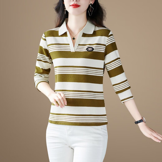 Fangluyu Langarmed T-Shirt für Frauen im Frühjahr und Herbst neuer Stil der Mutter des mittleren Alters mittleren Alters High-End-Baumwoll-Revers-Polo-Hemd Casual T-Shirt Lose T-Shirt 6636 Olive Green One Size M empfohlen, 85-95 Jin zu tragen [Jin gleich 0,5 kg]