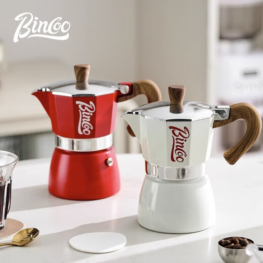 Bincoo coffee Moka pot household small espresso hand brewed coffee pot hand grinding coffee machine coffee utensils 6 servings red and white moka pot 3-piece set - 300ml
