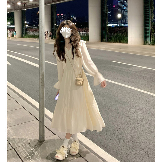 French-style long-sleeved ruffle-edged dress for women in autumn new design high waist slim long skirt light apricot color #1048 XL