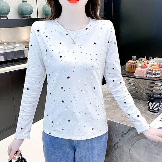 红蜻蜓纯棉时尚印花打底衫女长袖秋季新款修身百搭圆领T恤内搭上衣 DD1396#（白色）长袖 L 【建议106-120斤】