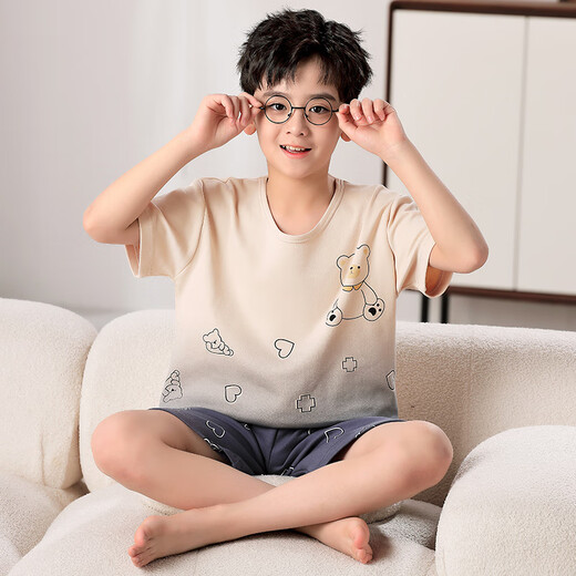 曼妮朵男童睡衣夏季新款儿童短袖男孩大童青少年纯棉条纹学生家居服套装 F724【双短男童】 150 S码建议145-155cm