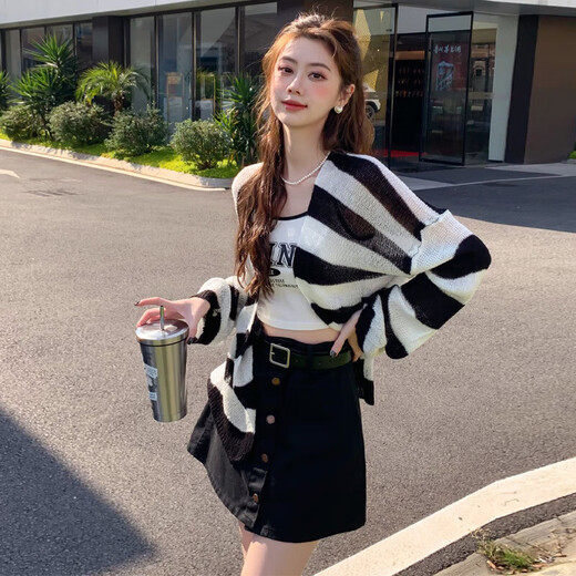 马海毛拼色条纹女装开衫春秋新款韩版长袖防晒衣薄毛衣外搭 杏色 均码