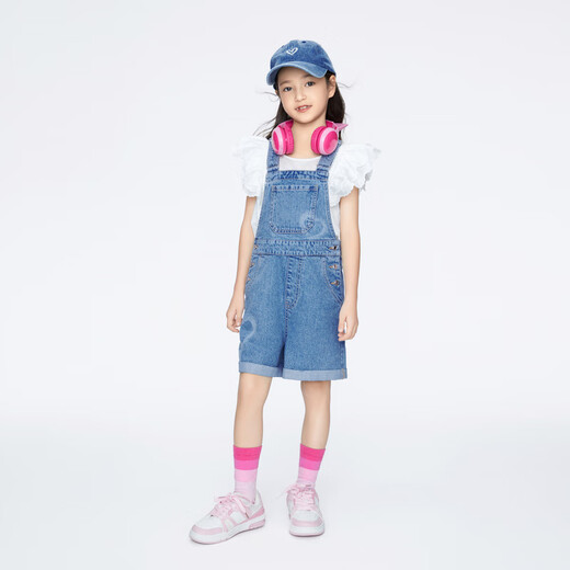 Anel Einkaufszentrum gleiche Style -Denim Overalls für Mädchen 2024 Sommer Neues lässige süße Hosenträger Shorts vielseitig hellblau Denim 150 cm