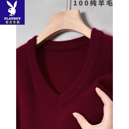花花公子（PLAYBOY）冬季加厚V领羊毛衫男士100纯羊毛针织保暖套头鸡心领羊毛绒毛衣 V领黑灰 XL 175建议135-155斤
