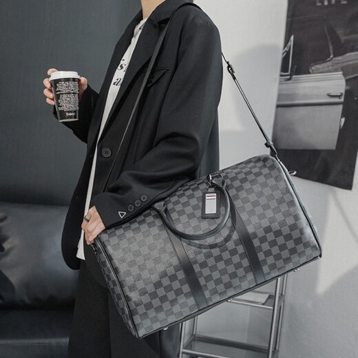 Xuanyan travel bag for men and women large capacity short-distance travel business trip luggage bag trendy black plaid handbag shoulder bag plaid hand luggage bag [black plaid large size]