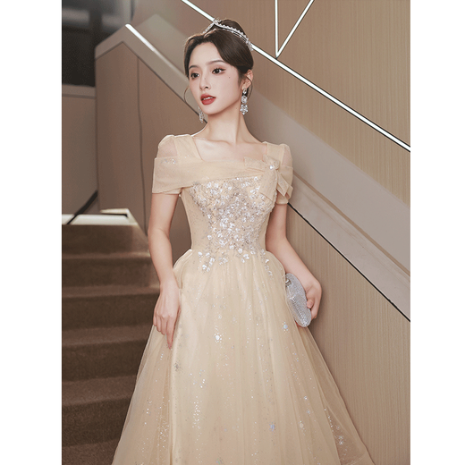 SAIDELE champagne color evening dress 2025 new adult gift small birthday party light luxury niche high-end art exam skirt for women champagne color medium length XL (recommended 116-125 Jin [Jin equals 0.5 kg])
