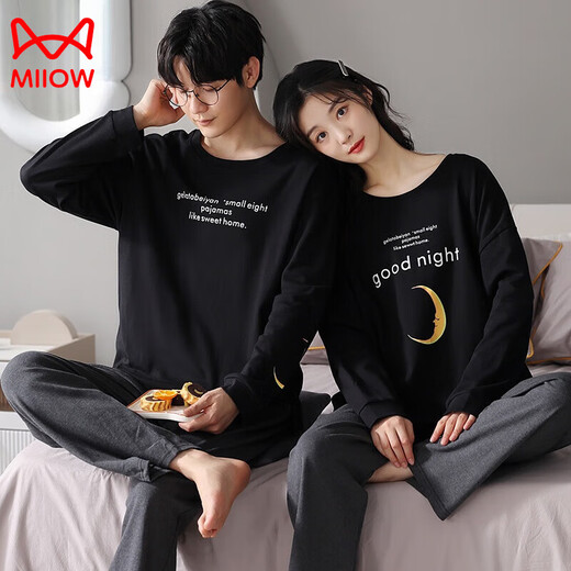 猫人新疆棉情侣加大码长袖胖mm开衫黑白睡衣女男友外穿斤翻领家居服秋 KMN-6210# XL 男款