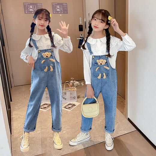 
Disney (Disney) Girls Spring and Autumn Style Bear Denim Overalls Internet Celebrity Fashion Medium and Large Children's Autumn Clothing Casual Sling Children's Pants Trendy Blue [Single Pants] Size 120 Recommended Height 110-120cm