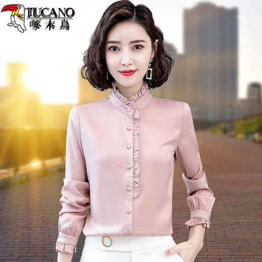 Woodpecker shirt women's shirt women's 2025 long-sleeved spring clothes new chiffon shirt top temperament versatile and fashionable base shirt fashion CZP_5012_Apricot color-40# M _(Suggested 95-105Jin[Jin equals 0.5 kg])