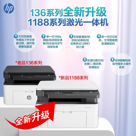 HP (HP) 30W 232DWC 136 Upgrade 1188 Wireless Schwarzweiß-Laser-Drucker-Home Office Coping Scanning Multifunktionsmaschine 1188W-Paket eins (Standard + leicht zu verabschiedetes Pulvertonerpatrone + 1 Flasche Pulver)