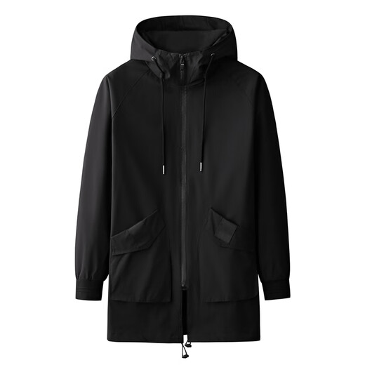 Year of the Fat Man Windbreaker Jacket Men's Large Size Men's Fat Man Hooded Autumn Mid-Length Jacket Plus Fat Extra Large Pure Black Jacket Model H306 Plus Velvet 8XL 251-270Jin Jin is equal to 0.5 kg
