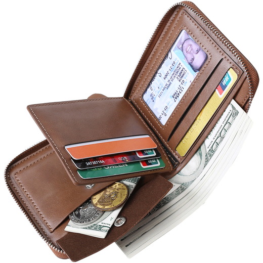 Maiweini Herren Brieftasche Kurzes Reißverschluss Brieftasche Anti-Diebstahl-Bürsten integrierter Kartenbeutel vertikaler Multifunktions-Casual Wallet-ID-Beutel Hellbraun braun