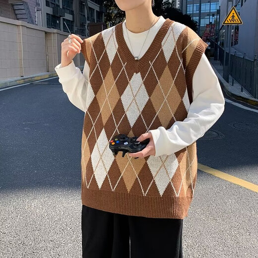 JIAYE 2024 Spring and Autumn Rhombus Grid Candle Knitted Vest Men's Loose Pullover Retro Outer Sleeveless Sweater Vest Coffee XL