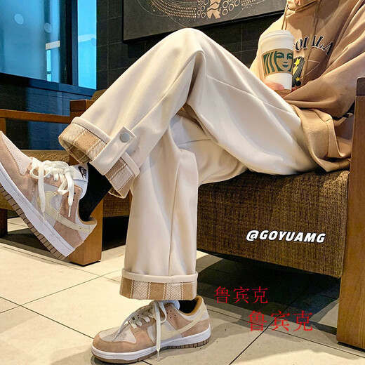 Rubink woolen pants men's autumn and winter new American trendy brand loose straight pants handsome drape plus velvet wide-leg casual trousers black plus velvet XL (recommended 125-135Jin Jin equals 0.5 kg)