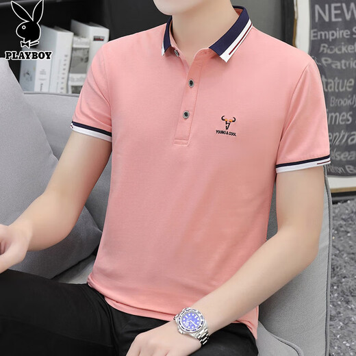 Playboy (Playboy) Camiseta de manga corta Camisa de la base de la solapa para hombres Ropa gris de verano