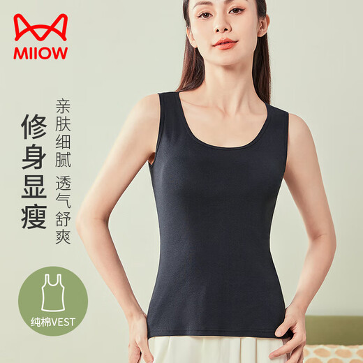 猫人（MiiOW）吊带背心女夏季纯棉100%性感美背内搭无袖打底衫上衣外穿黑色