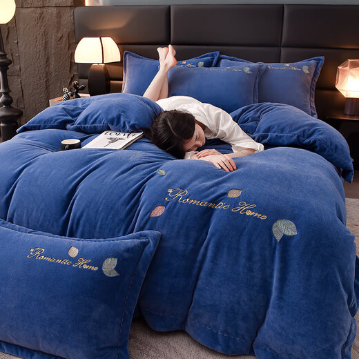 Mengyan MENGYAN new autumn and winter thickened and warm four-piece set, type A baby velvet fabric, comfortable to sleep naked, machine washable quilt cover, Alyssa-Bentley blue bed sheet, 1.5 meters (quilt cover 200*230cm)