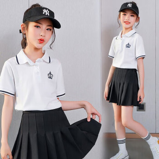 Nickybaby Girls Kurzärärtes T-Shirt Polo Shirt Kinder College-Stil Pure Cotton Top Sommer Big Children's Lapel Student Casual Summer Anzug 3451 Blau 1429 Weiß 130 cm