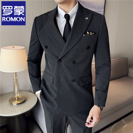 ROMON high-end double-breasted suit suit male groom wedding dress formal fit Korean solid color suit three-piece suit black single-piece suit XL/52