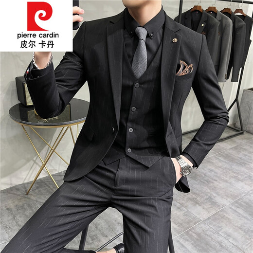 Pier Cardin Bräutigamanzug Drei-teiliger Hochzeitskleid Casual Formal Anzug hübscher koreanischer Stil Schlanker gestrickt 9905 Schwarzes dreiteiliges Set (Anzug + Weste + Hose) s