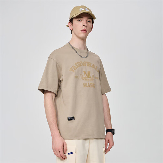 
Mark Huafei [pure cotton] short-sleeved T-shirt for men 25 spring and summer new round neck letter style embroidered comfortable breathable loose men's T-shirt 701 khaki (silhouette version) 3XL (height 185-190 weight 80-90)