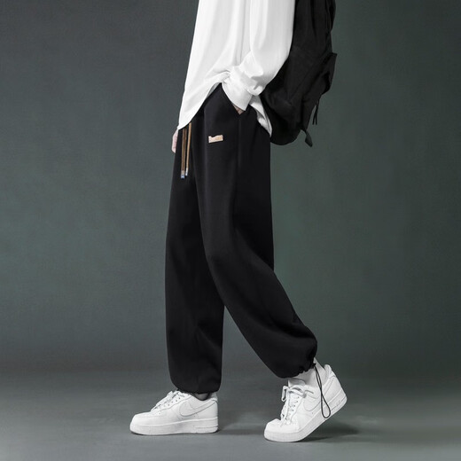 Foss Phil Waffle Casual Hosen für Männer Frühlings- und Herbst Winter Loses lockeres Sport drapiertes Gefühl langer Weitbeinhosen für Männer, Trendy Brand 718-WK78 Black + WK78 ApricoT Color XL (Empfohlen 145-160jin [Jin gleich 0,5 kg]))