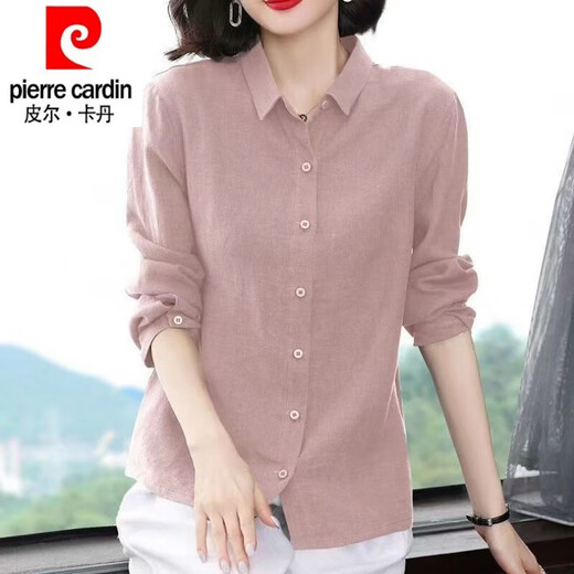皮尔卡丹（pierre cardin）纯棉衬衫女2025年新款秋季纯色衬衫春秋宽松遮肉长袖衬衫女上衣 紫粉色 XL 建议111-125斤