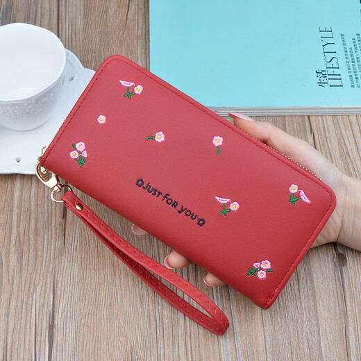 Portefeuille féminin simple en tissu long Zipper à la mode portefeuille brodé 2024 European et américain de grande capacité en cuir souple maintient le sac de téléphone mobile rose
