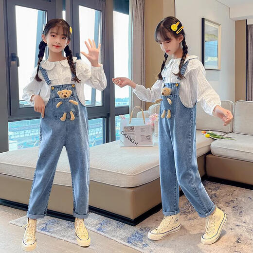 
Disney (Disney) Girls Spring and Autumn Style Bear Denim Overalls Internet Celebrity Fashion Medium and Large Children's Autumn Clothing Casual Sling Children's Pants Trendy Blue [Single Pants] Size 120 Recommended Height 110-120cm