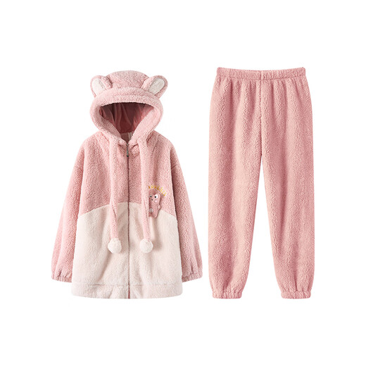 Fenten couple's pajamas autumn and winter thickened hooded coral velvet warm drawstring cartoon fashion home wear pajamas set cherry blossom pink (women's style) XL