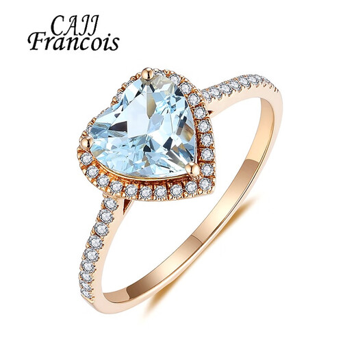 CAJJ Francois 1 carat aquamarine heart-shaped ring for women, natural colored gemstone jewelry, 18k gold inlaid with gemstones, couple proposal, size 14
