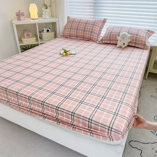 Lai Shuo fitted sheet single piece pastoral style fully washed cotton brushed non-slip single bed cover Simmons single printed mattress protector blue and white large grid 180*200CM fitted sheet + 2 pillowcases