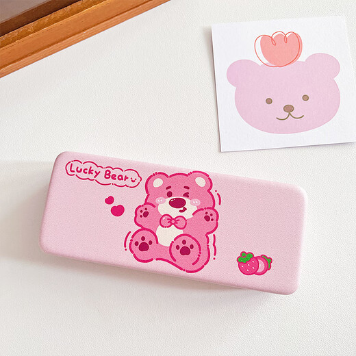 Cute glasses case, portable, high-end, pressure-resistant and anti-fall, cartoon eye box for students to store ins sunglasses, glasses case with glasses cloth (pink bear)