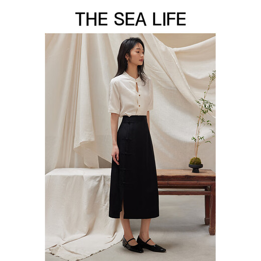 
THE SEA LIFE Ou Hai Yisheng New Chinese style high-waisted skirt for women 24 summer waist-hugging high-end black folding skirt Y16866 Black Mage S