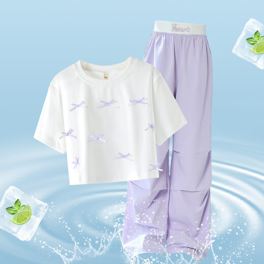 Yoyo One (Yoyo One) Girls Kurzärmelige Anzug 2025 Neue Sommer Dünn Kinder Internet Celebrity Street Summer Anzug Mädchen Junior High School Schüler Sommer 15290 Lila + 9889 White 170 170 cm