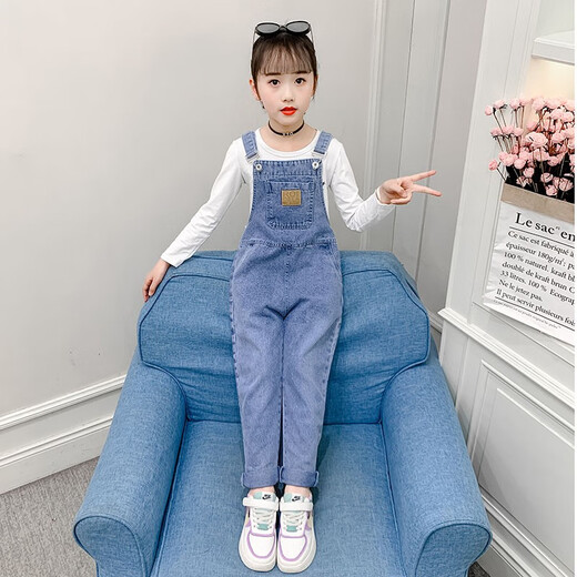 Kinderkleidung Girls Overalls für neue Frühling und Herbst Koreanische Version von Mid-Large Children's Suit Denim Overalls zweiteiliger Set 10-13 Jahre altes Modehemdstil Größe 140 Größe Empfohlene Höhe von 135 cm