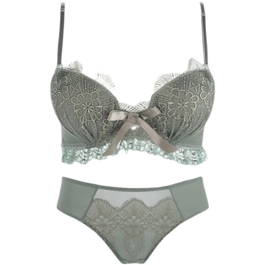 莫代尔性感小胸聚拢内衣套装女无钢圈胸罩收副乳上托显大文胸套装 绿色套装 70C 32