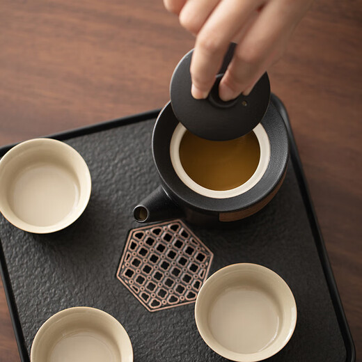 山头林村小茶盘两个人功夫小茶具套装家用简约现代N3886 绿陶手抓一壶四杯仿乌小方盘
