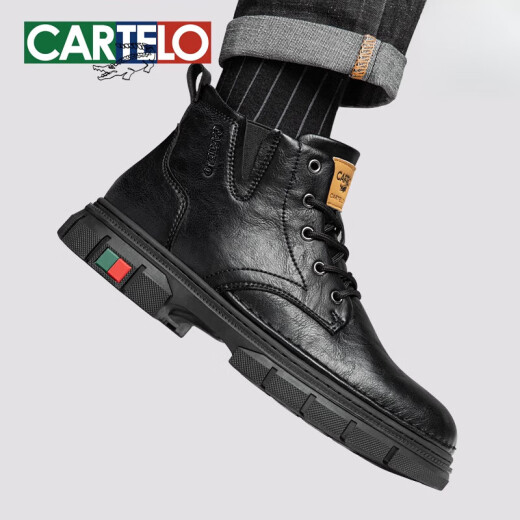 卡帝乐鳄鱼（CARTELO）马丁靴男黑色英伦中帮工装鞋2024新款秋冬款休闲高帮鞋 黑色-厚底潮流-7371 38 标准皮鞋码