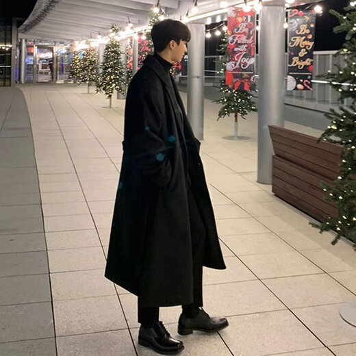 潮西登风衣男中长款春秋装新款双排扣长款过膝外套潮流宽松大码大衣男 黑色 L