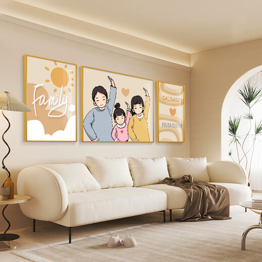 画画小镇现代简约风全家福客厅餐厅装饰画轻奢沙发背景墙挂画餐厅壁画创意 PD1694-1695-1696一家四口 中间60*40+左右30*40 黑框+防水油画布画面