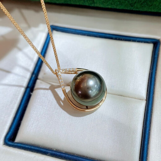 Chenru 11-12mm Tahitian black pearl pendant 18K inlaid with diamonds, perfect round, strong light and slight imperfections, gift to lover, mother, paired with silver