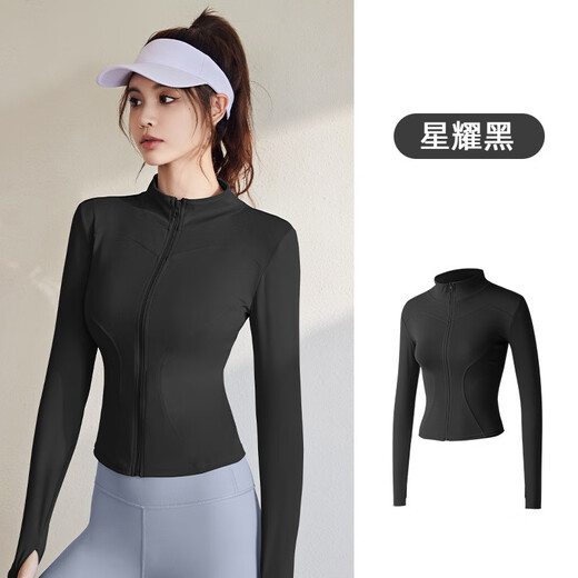 Ershanji Sports Jacket Women's Long Sleeve Tights Slim Running Fitness Yoga Wear Pilates Training Top Slim Yoga Wear Jacket Star Black M (90-110Jin Jin is equal to 0.5kg)