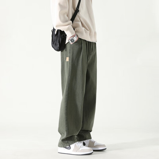 Dingfengbaoluo casual trousers pure cotton loose straight pants autumn wide-leg workwear pants men HM9901 military green XL