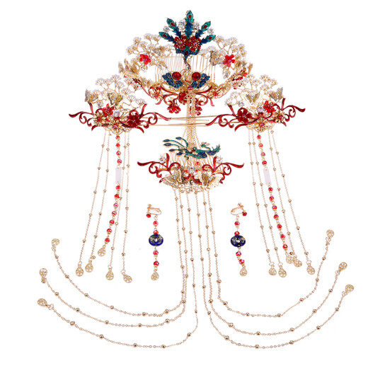 Mengyi Xiuhe tiara phoenix crown Xiamei Chinese style bride wedding costume hair accessories set magnificent dragon and phoenix gown accessories phoenix crown six-piece set + ear clip (gift box)