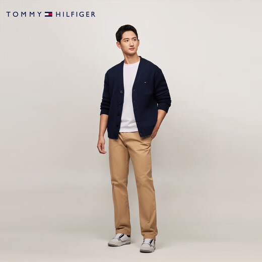 TOMMY HILFIGER【纯羊毛】秋冬男纽扣V领慵懒风宽松针织羊毛开衫外套36553 藏青色DW5 S （推荐：120-135斤）